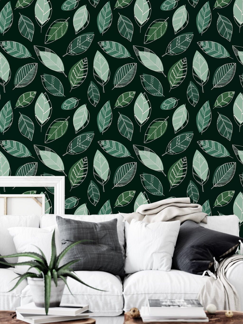 Dark Green Leaves With White Outlines Illustration Wallpaper, Serene Green Leaf Design Peel & Stick Wall Mural