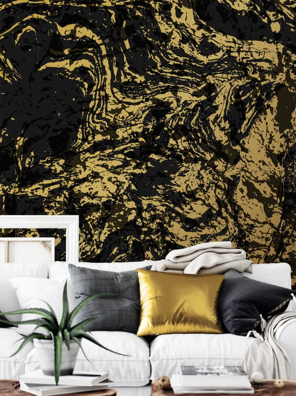 Black And Gold Abstract Design Illustration Wallpaper, Marble Swirl Peel & Stick Wall Mural