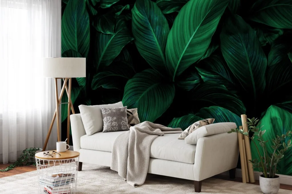 Tropical Dark Themed Cannifolium Plant Leaves Wallpaper, Mystical Tropical Peel & Stick Wall Mural