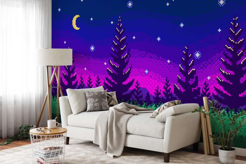 Pixel Art Night Trees With Purple Gradient Background Wallpaper, Pixelated Starry Night Forest Peel & Stick Wall Mural