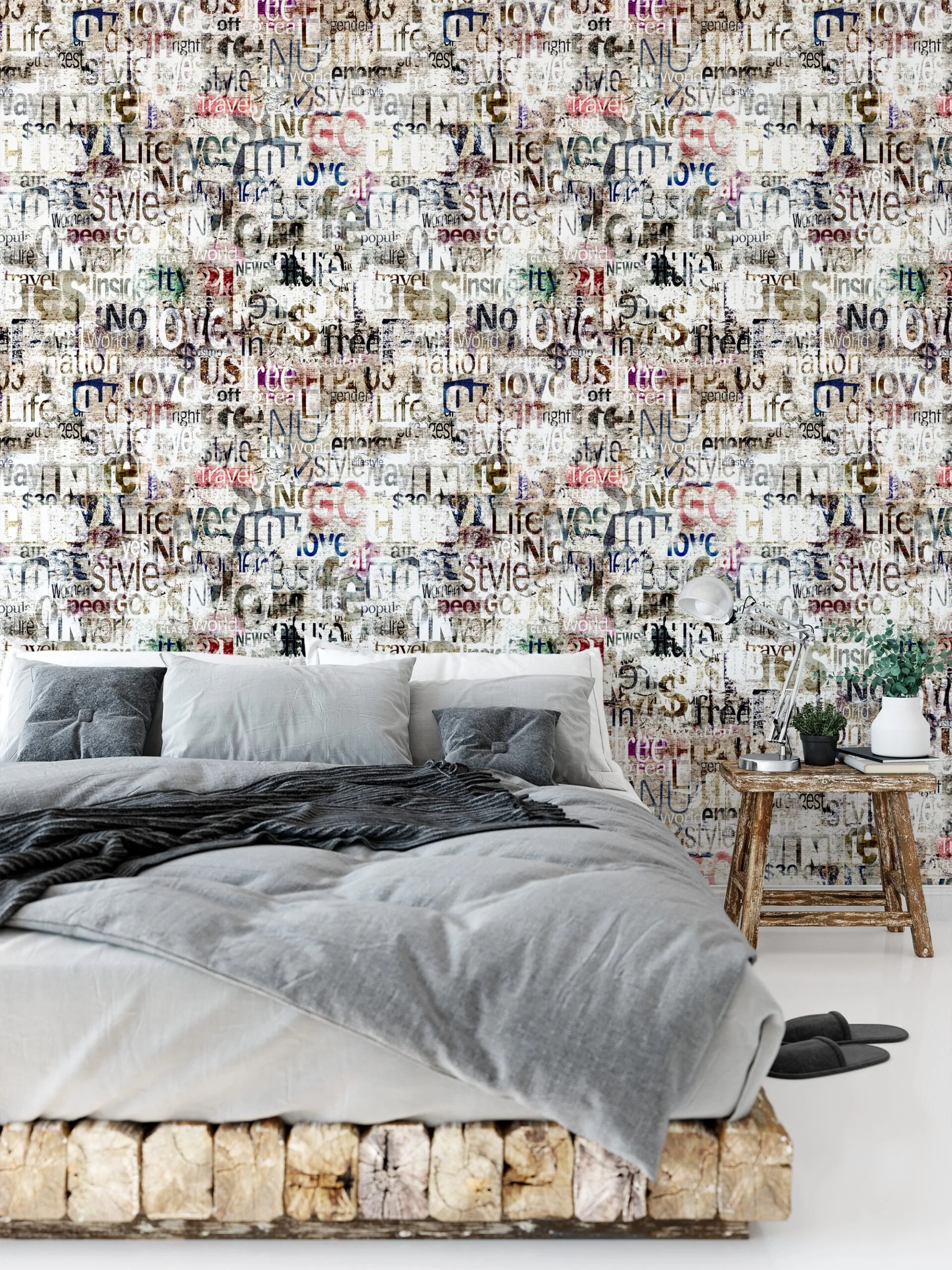 Modern Abstract Typography Wallpaper, Rusty Grunge Words Illustration Peel & Stick Wall Mural