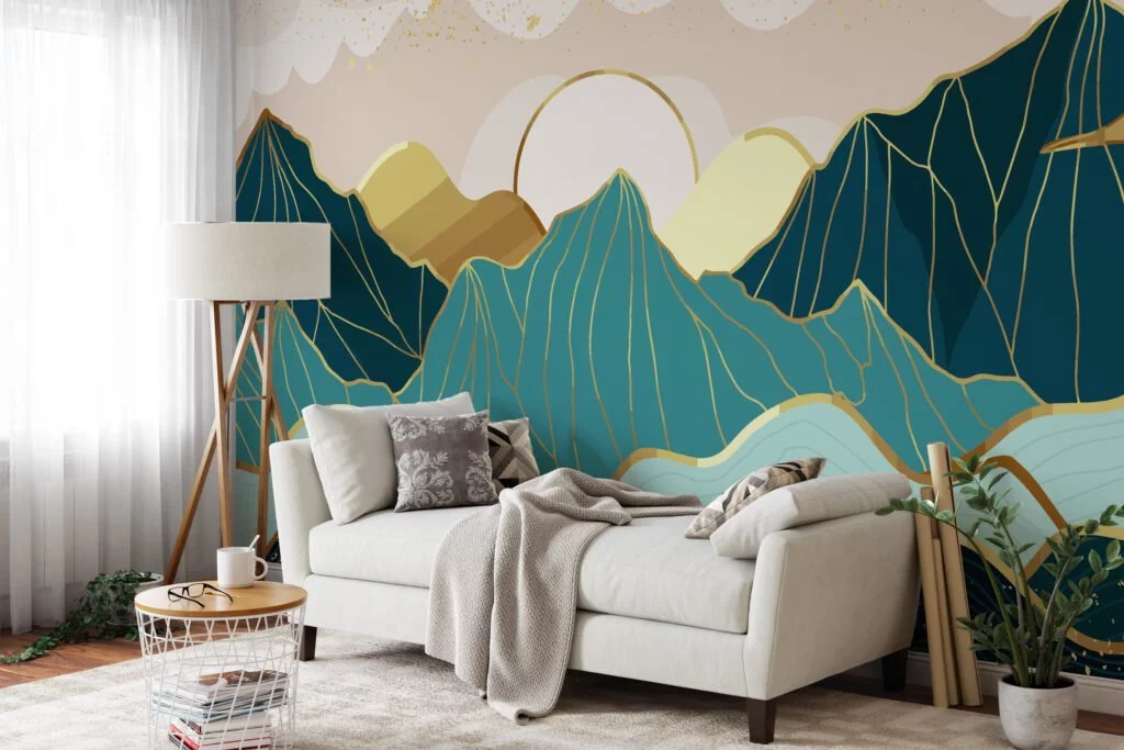 Modern Abstract Mountains Wallpaper With A Minimalistic Sunset, Stylized Landscape Peel & Stick Wall Mural