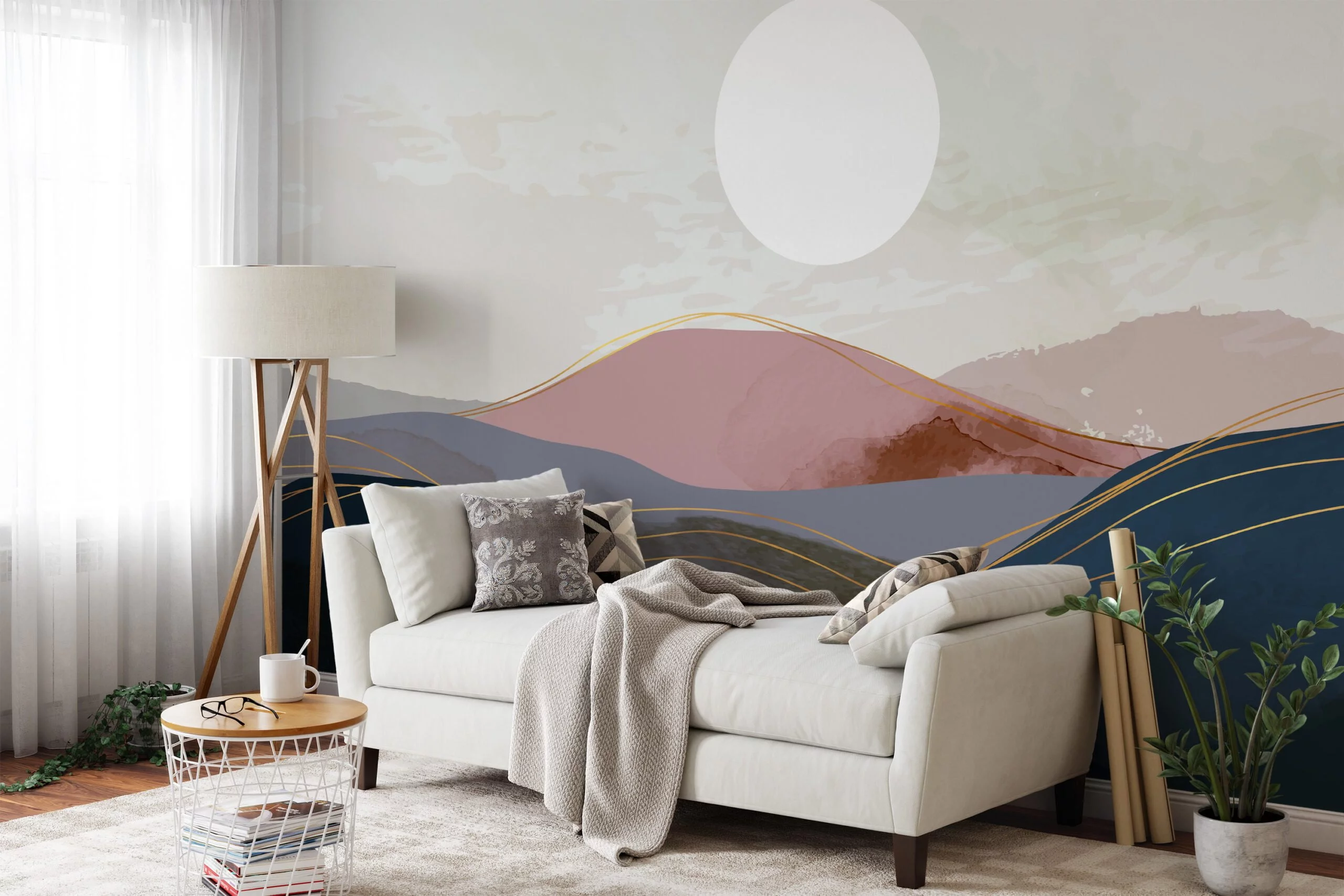 Abstract Minimalistic Desert Illustration Wallpaper, Sunrise Mountains Peel & Stick Wall Mural