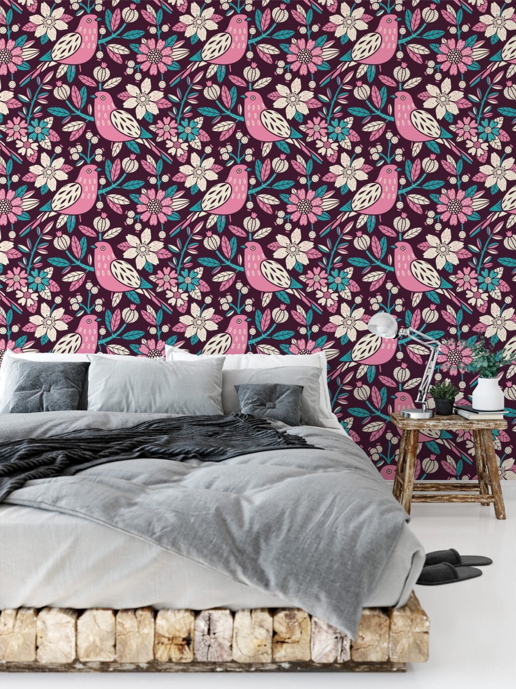 Colorful Folk Art Birds And Flowers Wallpaper, Vintage Pink Birds & Floral Peel & Stick Wall Mural
