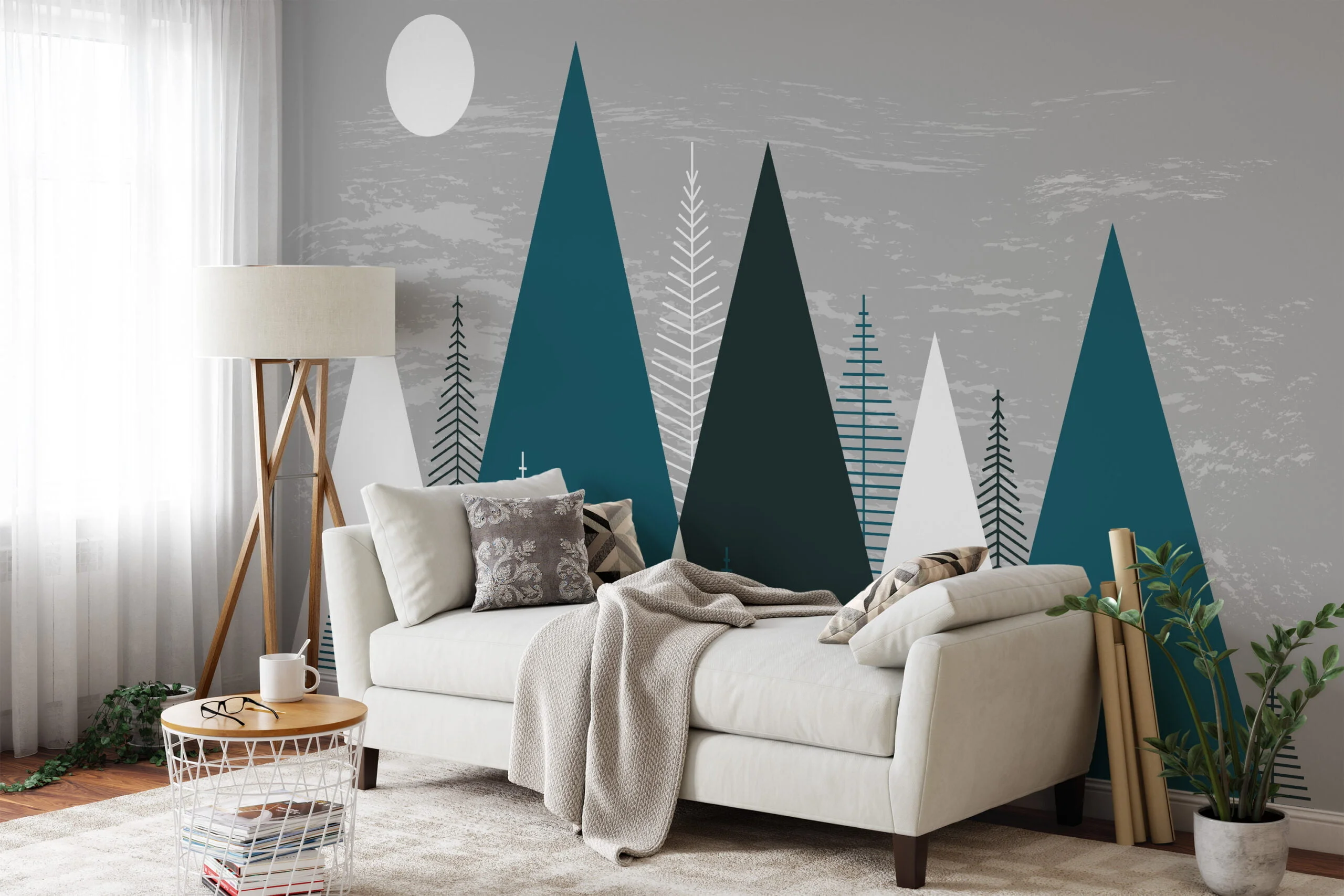 Minimalist Wallpaper With Abstract Mountains And Trees, Forest Silhouette Peel & Stick Wall Mural