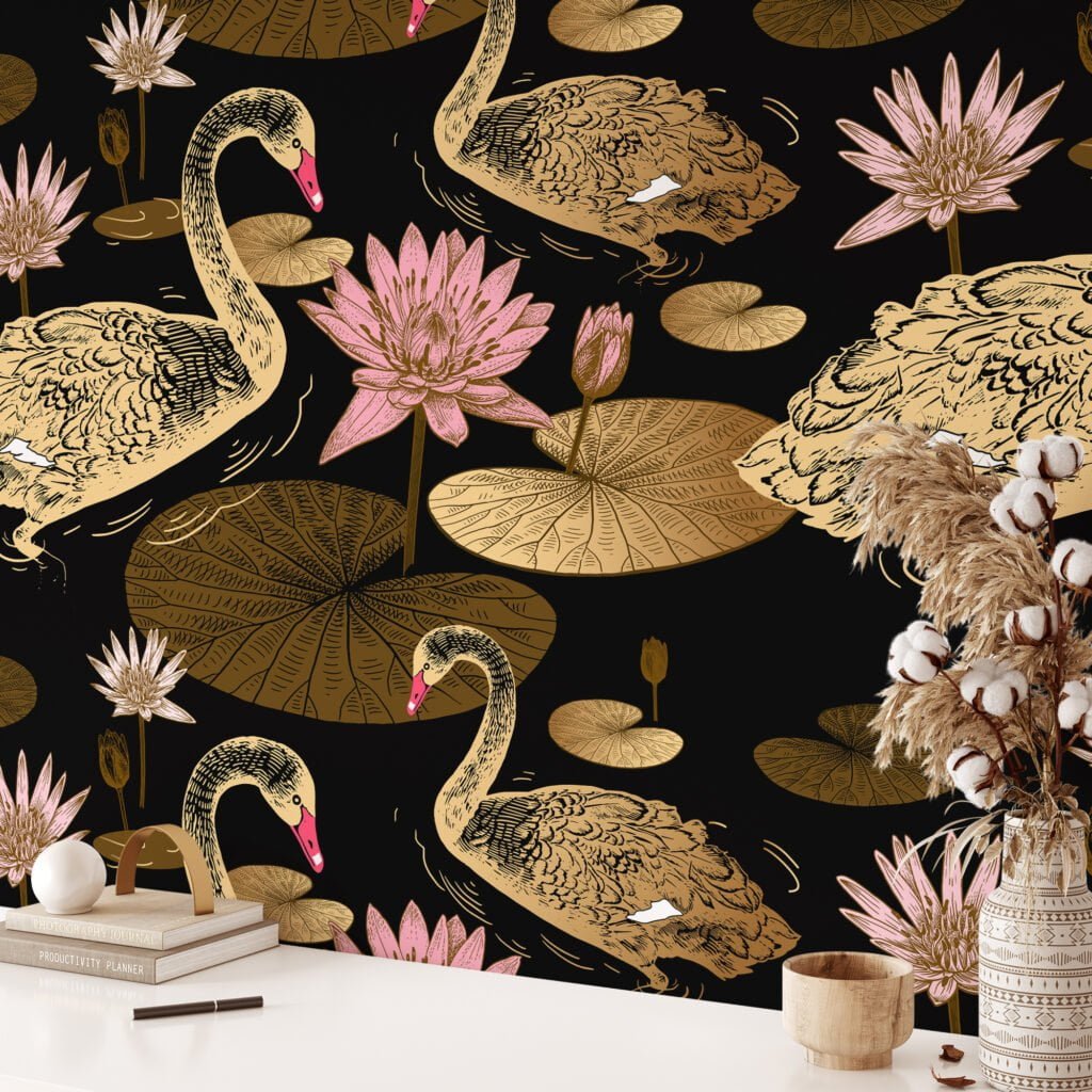 Large Gold Colored Lily Pads And Swans With A Dark Background Wallpaper, Vintage Black & Gold Elegance Peel & Stick Wall Mural