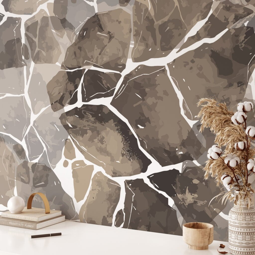 Abstract Cracks Illustration Wallpaper, Elegant Neutral Marble Peel and Stick Wall Mural