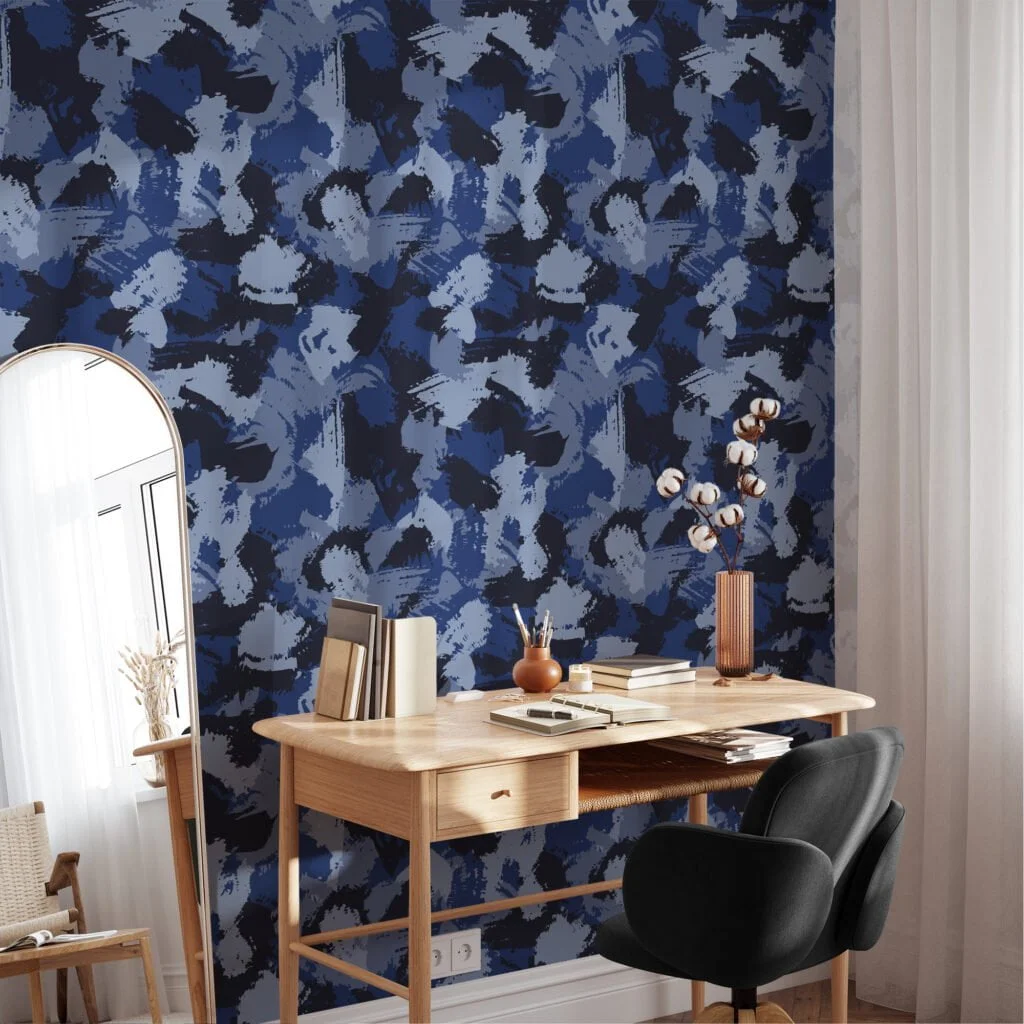 Blue Shades Camouflage Brush Strokes Illustration Wallpaper, Abstract Navy Blue Peel & Stick Wall Mural