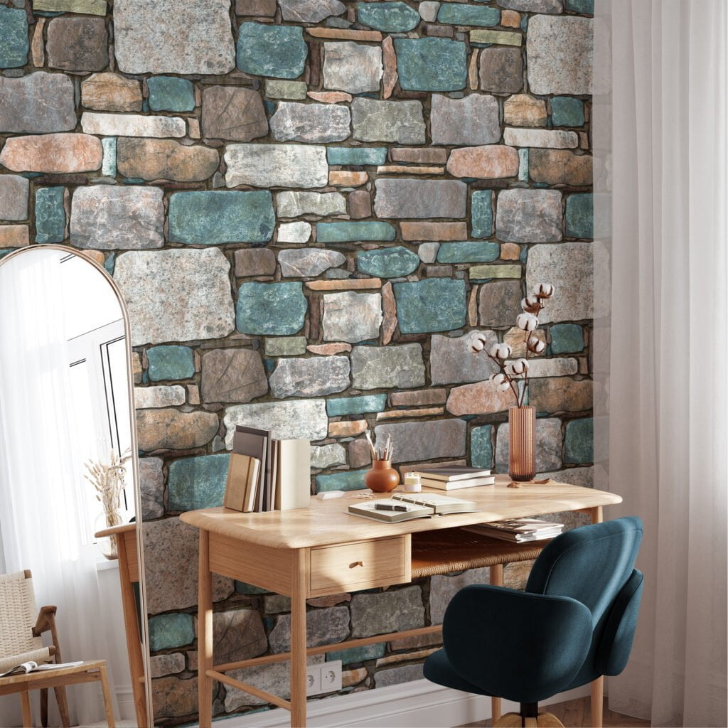 Stone Brick Wall Pattern With Teal Blue Highlights Wallpaper, Multi-Toned Stone Mosaic Peel & Stick Wall Mural