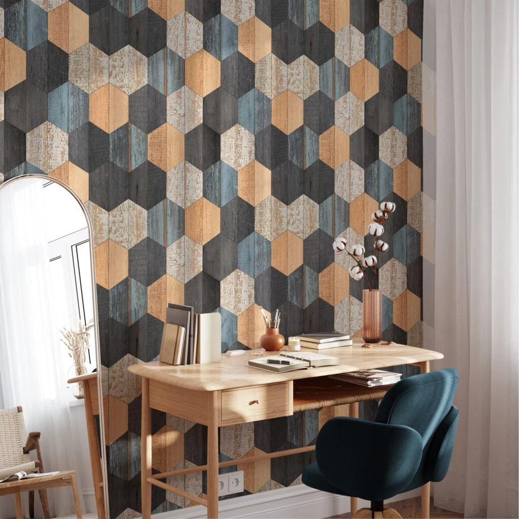 Geometric Hexagon Shaped Wooden Wall Wallpaper, Vintage Woodblock Peel & Stick Wall Mural