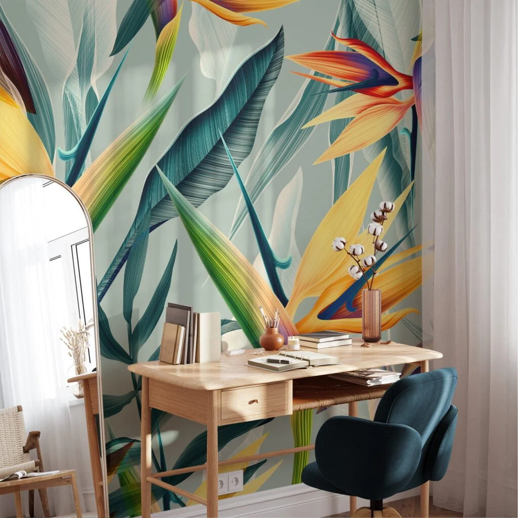 Tropical Minty Birds Of Paradise Flowers Wallpaper, Abstract Tropical Leaves Peel & Stick Wall Mural