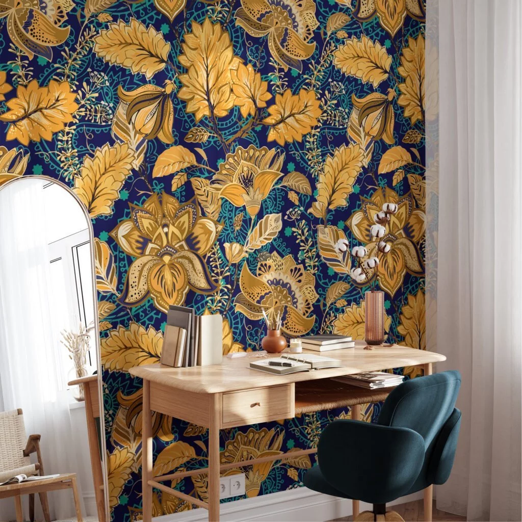 Yellow Floral Paisley Pattern Wallpaper, Luxurious Gold Floral Art Deco Peel & Stick Wall Mural