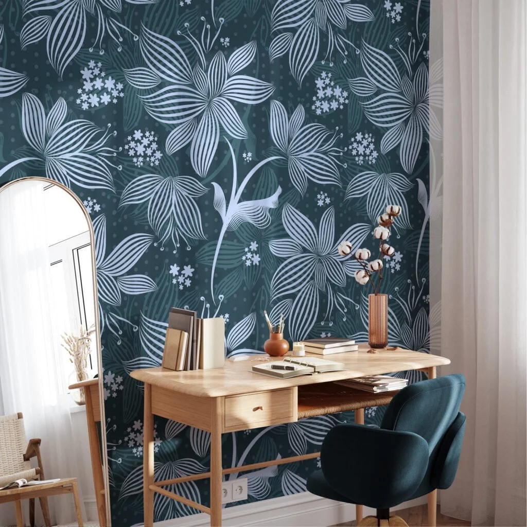 Abstract Floral Illustration Wallpaper, Winter Blooms Line Art Peel & Stick Wall Mural