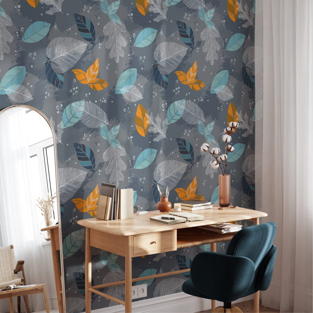 Abstract Blue And Orange Leaves Illustration Wallpaper, Whimsical Cool Autumn Peel & Stick Wall Mural