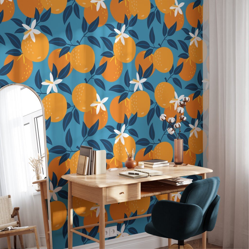 Retro Flat Art Oranges Abstract Design Wallpaper, Refreshing Citrus on Blue Peel & Stick Wall Mural