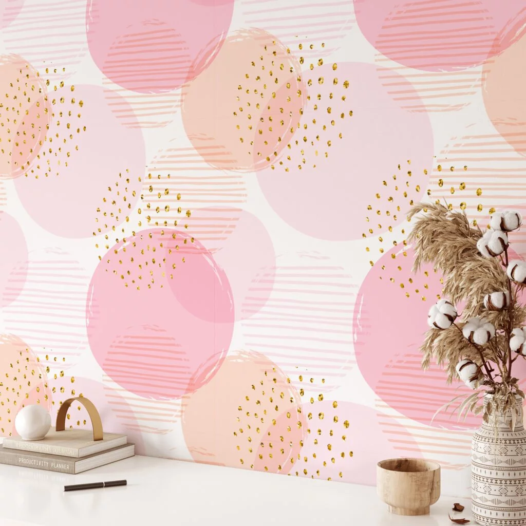 Pink Confetti Circles Illustration Pattern Wallpaper, Soft Pink Spheres & Golden Specks Peel & Stick Wall Mural