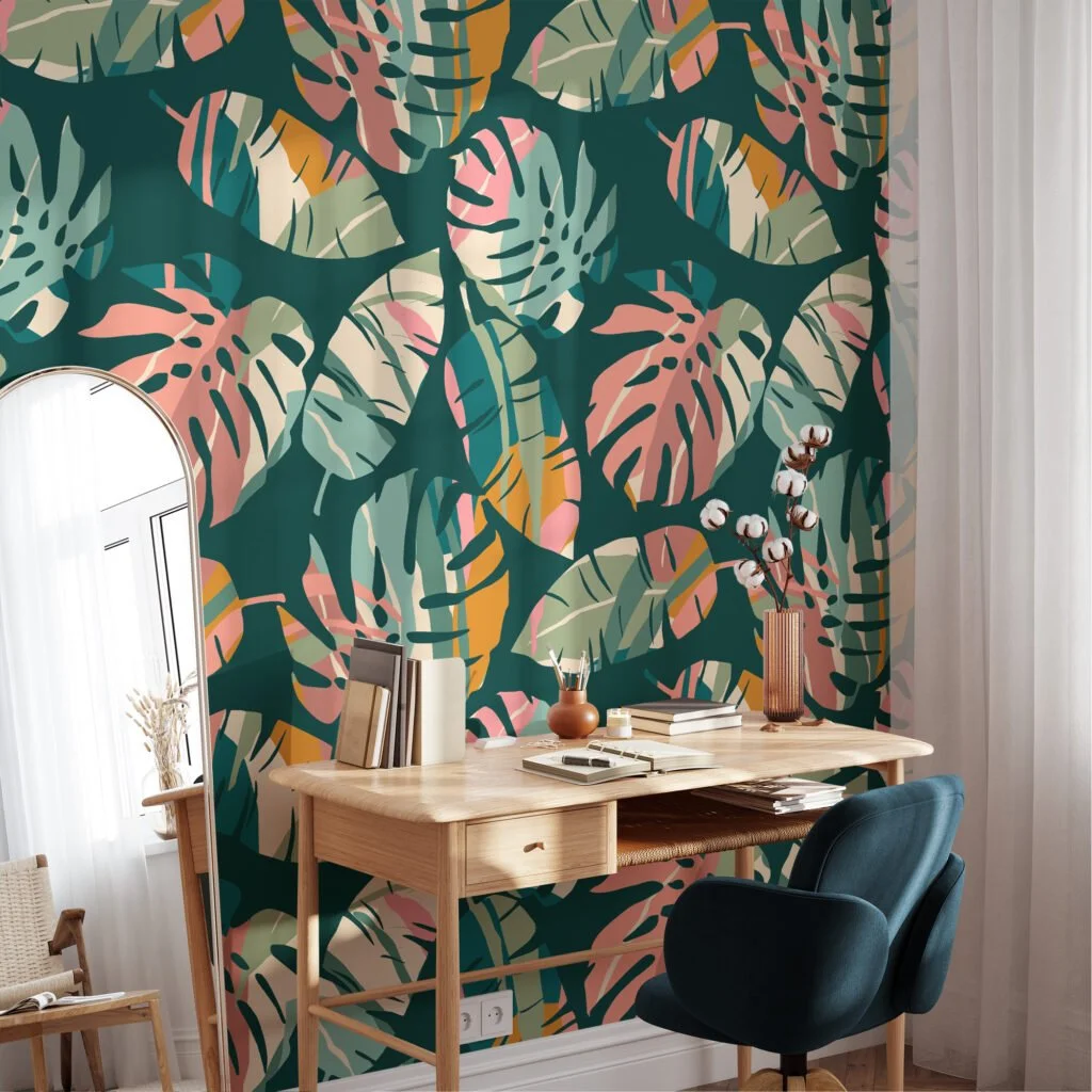 Large Tropical Abstract Monstera Leaves Illustration Wallpaper, Modern Tropical Design Peel & Stick Wall Mural