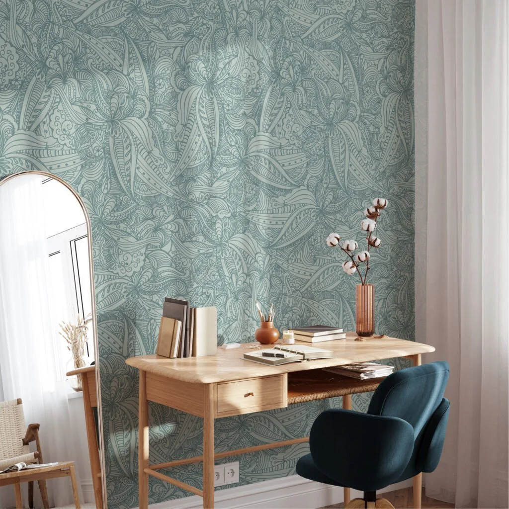 Damask Line Art Wallpaper With Mint Background Wallpaper, Elegant Pastel Peel & Stick Wall Mural