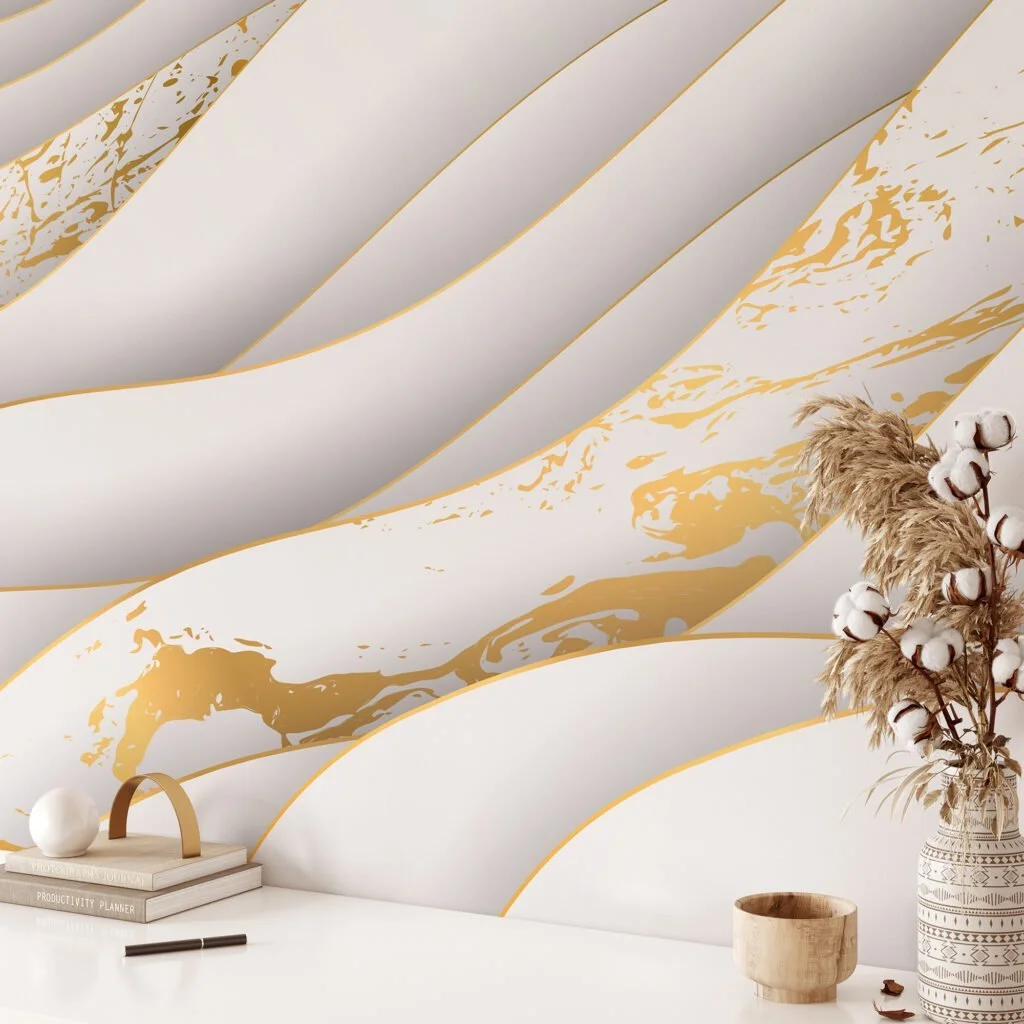 Abstract Three Dimensional Paper Effect Light Wallpaper, Elegant White and Gold Marble Peel & Stick Wall Mural