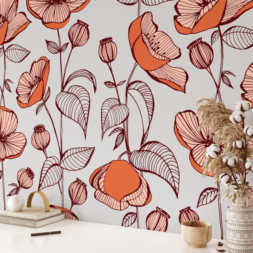 Floral Line Art Illustration Wallpaper, Chic Floral Elegant Peel & Stick Wall Mural