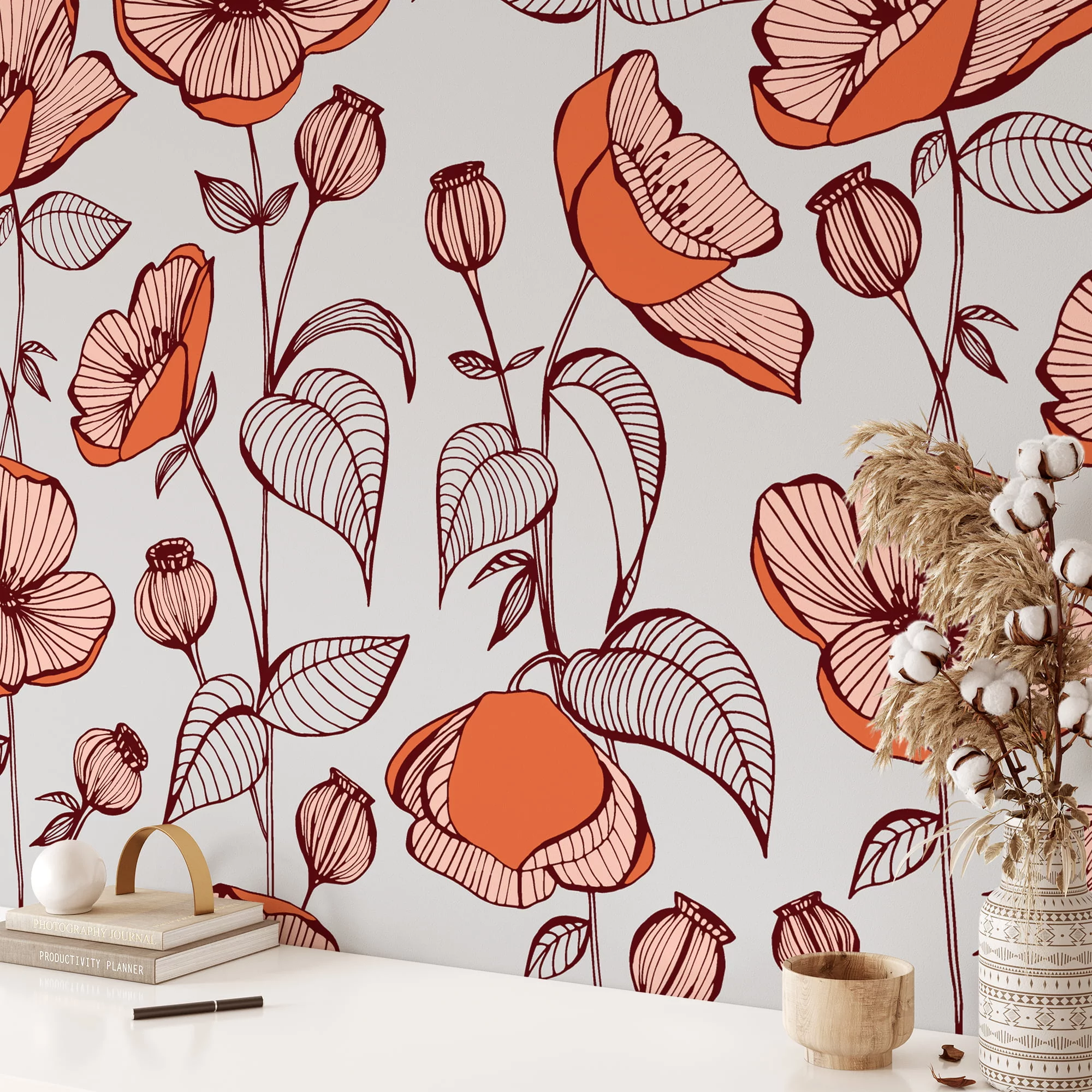 Floral Line Art Illustration Wallpaper, Chic Floral Elegant Peel & Stick Wall Mural