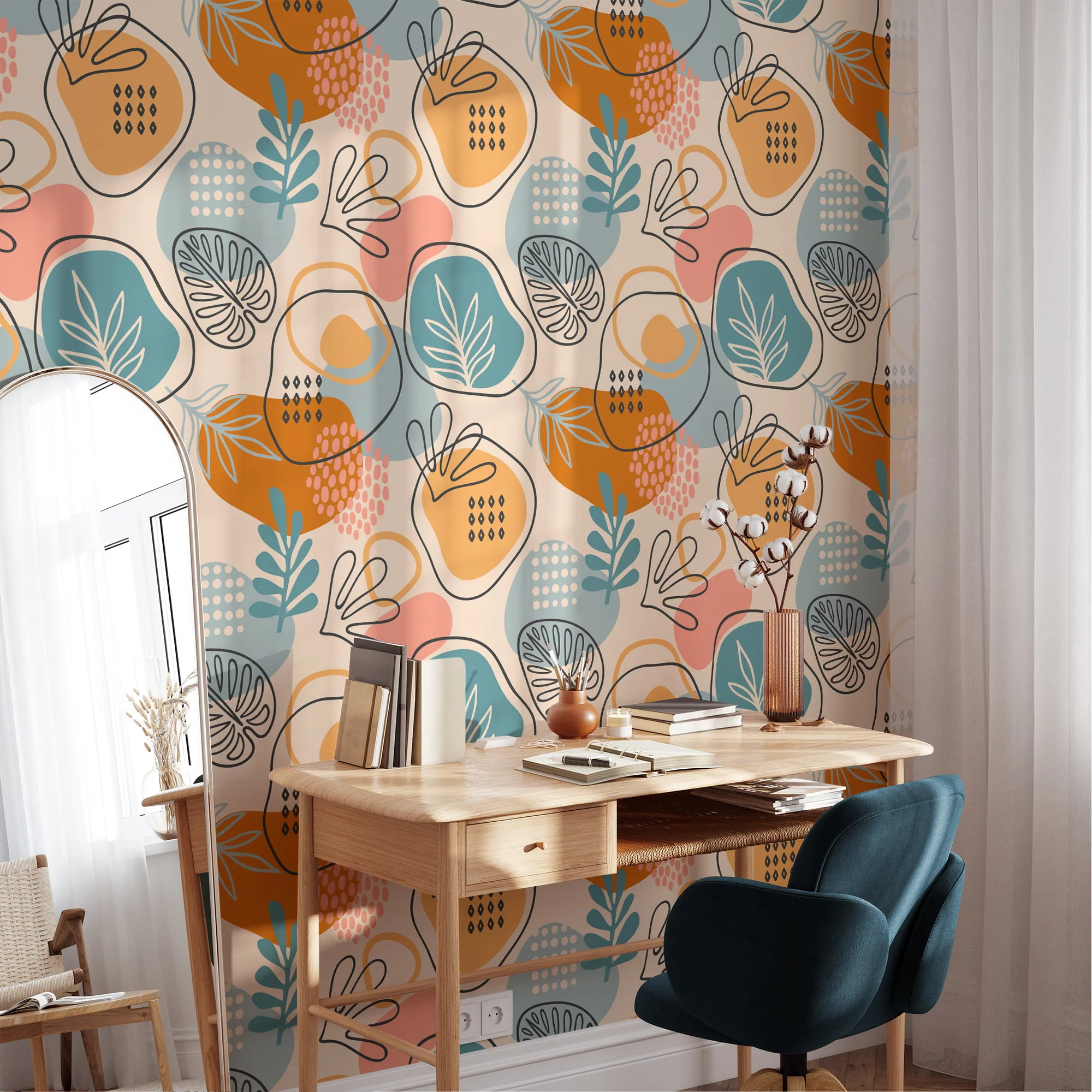 Flat Abstract Line Art Illustration, Modern Organic Shapes Peel & Stick Wall Mural