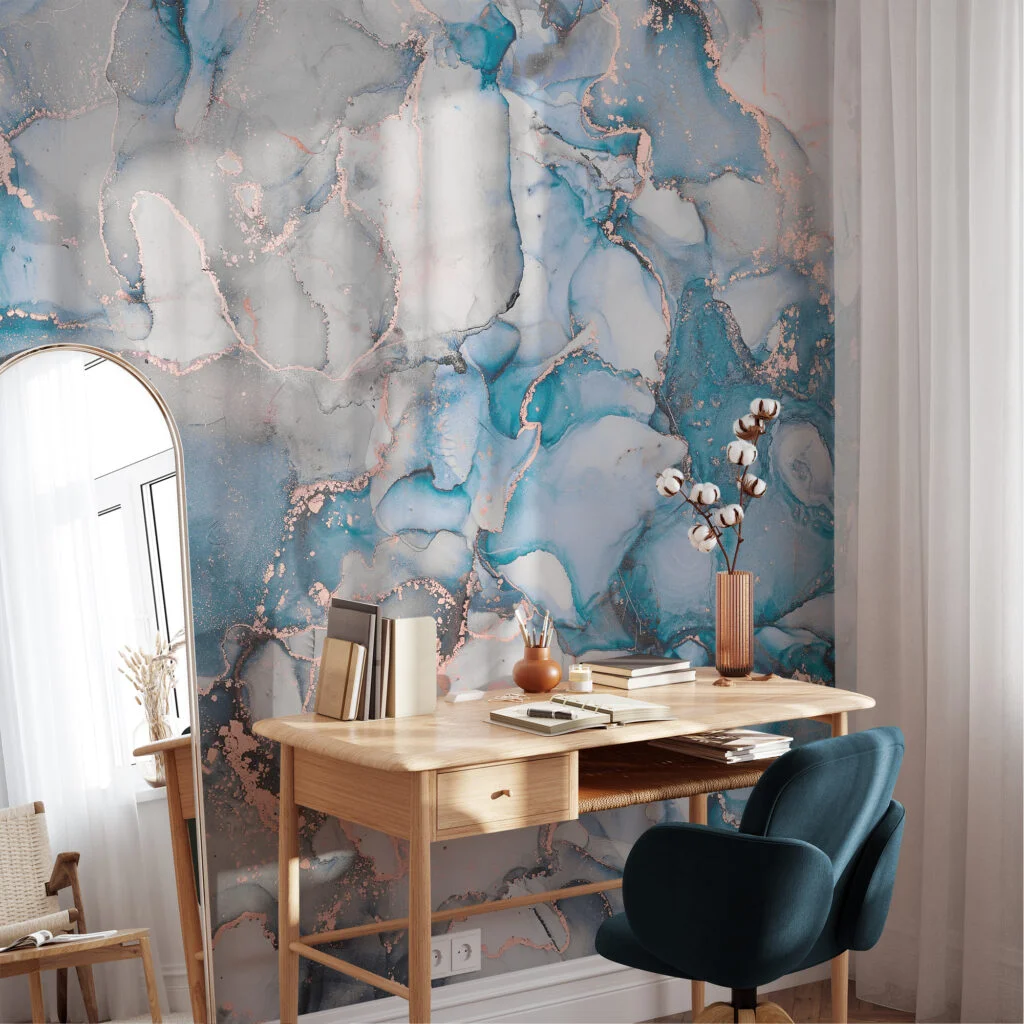 Blue And Grey Copper Alcohol Ink Art Marble Wallpaper, Cool Blue Marble Peel & Stick Wall Mural