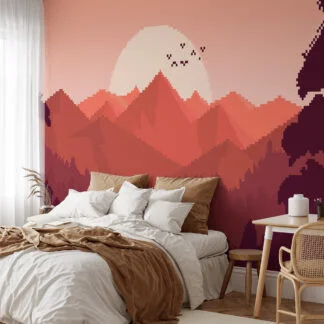 Pixel Art Sunset And Mountains Wallpaper With Birds, Pixel Sunset Mountain Peel & Stick Wall Mural