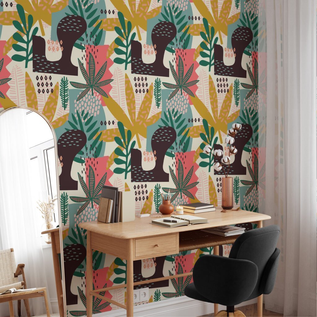 Abstract Tropical Leaves And Shapes Flat Art Design Wallpaper, Jungle Motif Design Peel & Stick Wall Mural