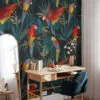 Flat Art Parrots In A Dark Jungle Illustration Wallpaper, Vibrant Parrot Haven Peel & Stick Wall Mural