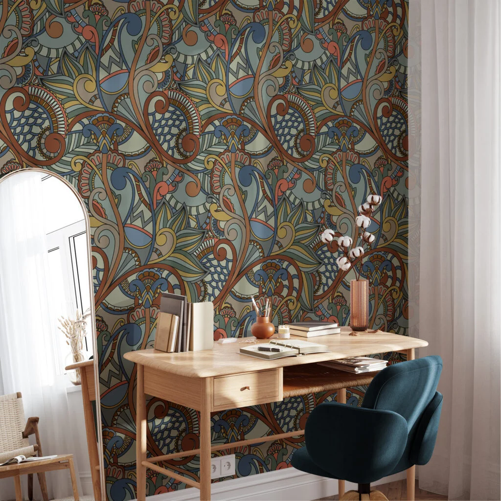 Retro Colored Damask Pattern Wallpaper, Geometric Vintage Wallpaper Peel & Stick Wall Mural