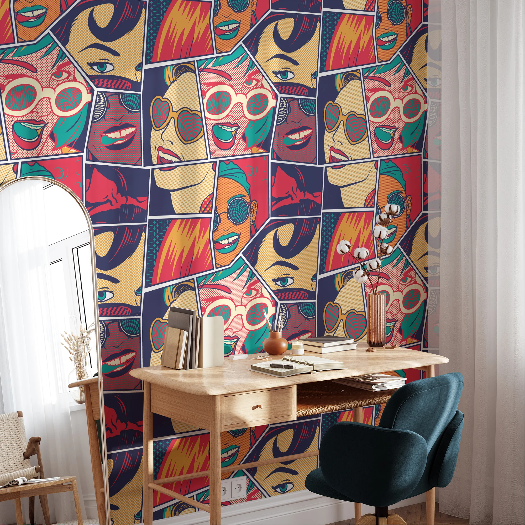 Retro Comic Book Pages With Faces Pattern Illustration Wallpaper, Retro Pop Art Faces Peel & Stick Wall Mural