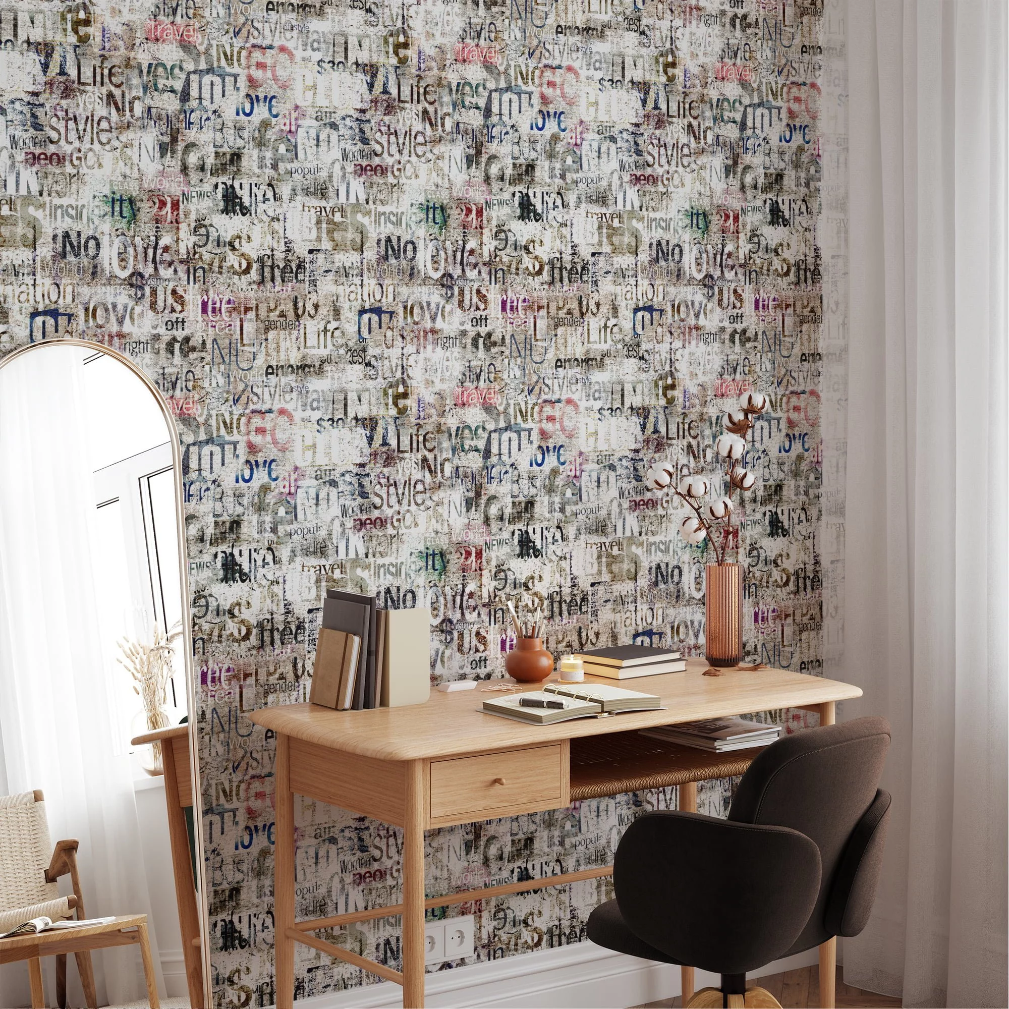 Modern Abstract Typography Wallpaper, Rusty Grunge Words Illustration Peel & Stick Wall Mural