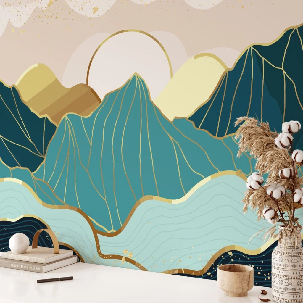 Modern Abstract Mountains Wallpaper With A Minimalistic Sunset, Stylized Landscape Peel & Stick Wall Mural