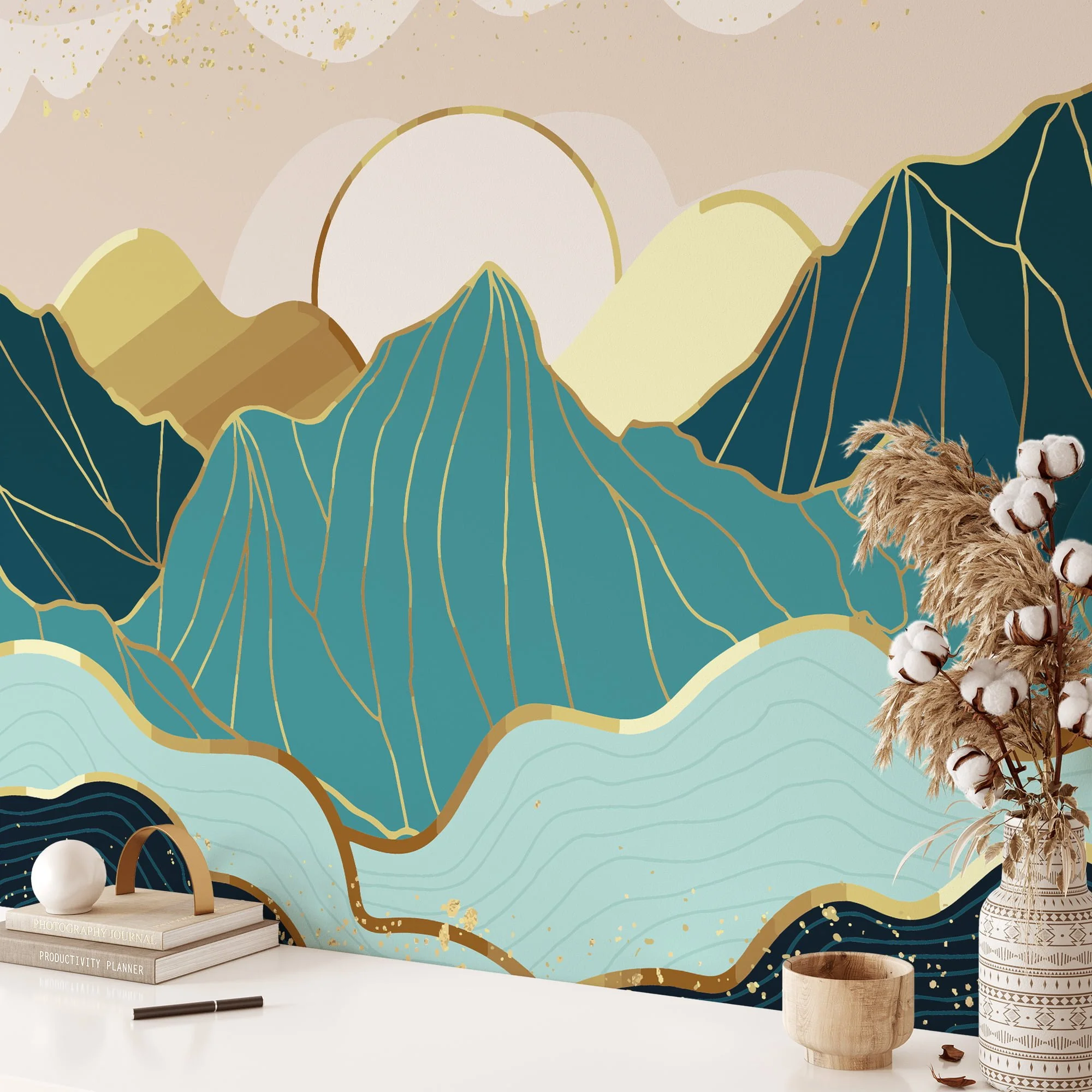 Modern Abstract Mountains Wallpaper With A Minimalistic Sunset, Stylized Landscape Peel & Stick Wall Mural