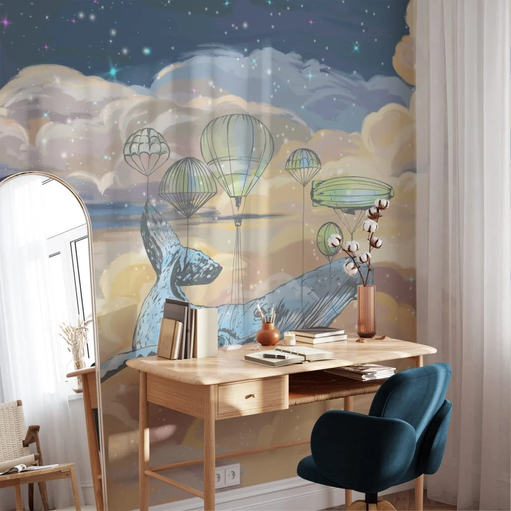 Large Mystical Whale In The Clouds With Hot Air Balloons Illustration Wallpaper, Dreamy Starry Kids Peel & Stick Wall Mural