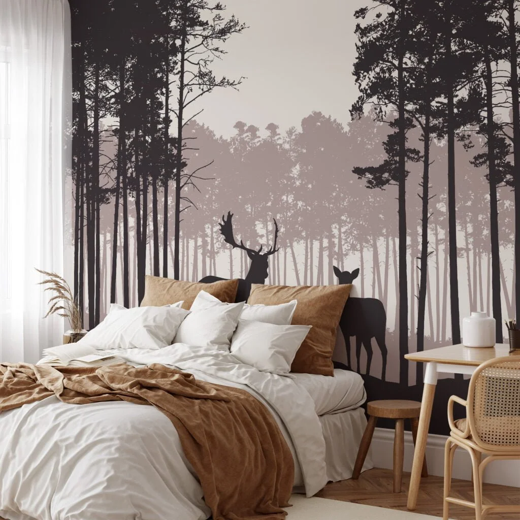 Abstract Nature Wallpaper With Trees and Deers Silhouette, Tranquil Nature Scene Peel & Stick Wall Mural