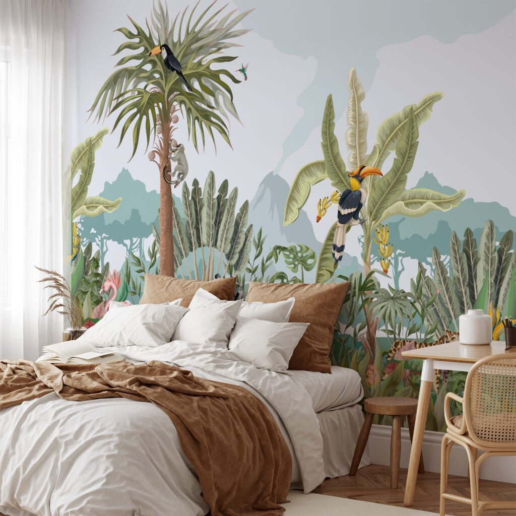 Jungle Illustration With Animals And Large Leaves Wallpaper, Tropical Rainforest Peel & Stick Wall Mural