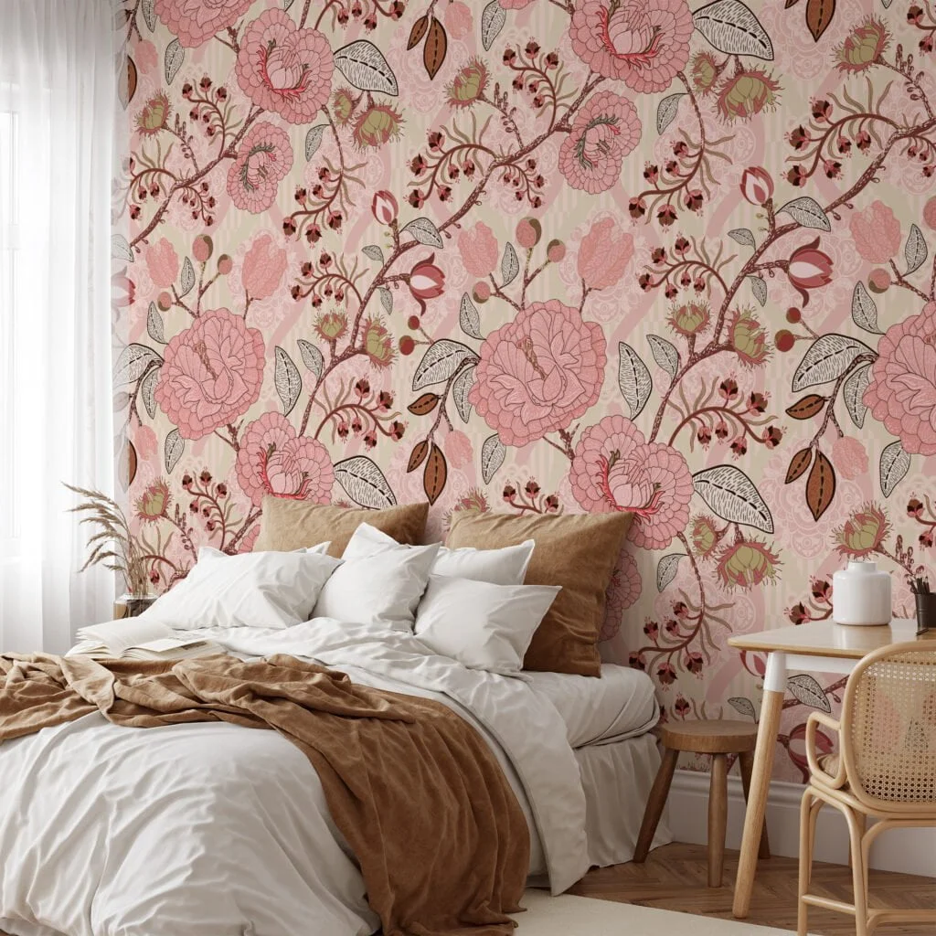 Pink Paisley Damask Style Illustration Wallpaper, Vintage Blush Rose Garden Peel & Stick Wall Mural