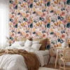 Cute Flat Art Abstract Pink Floral Design Illustration Wallpaper, Elegant Vintage Floral Peel & Stick Wall Mural