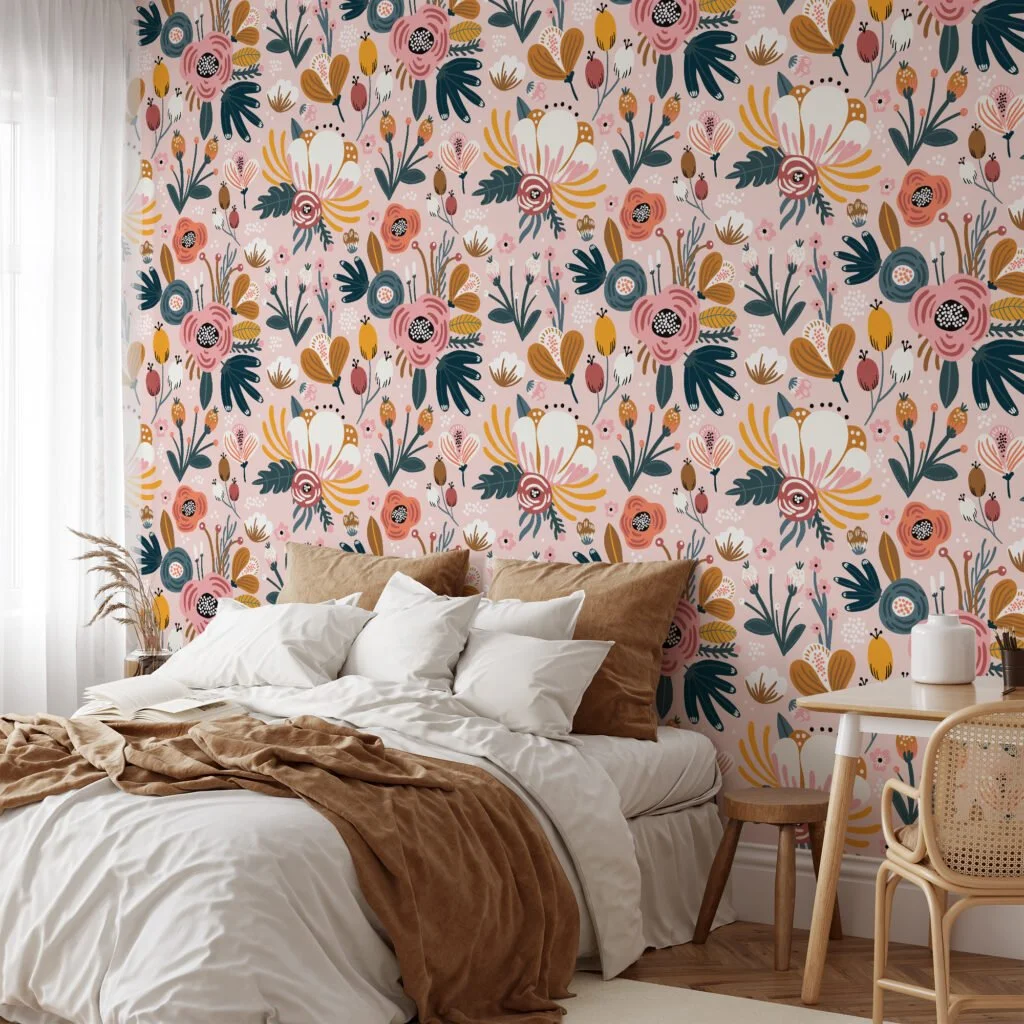 Cute Flat Art Abstract Pink Floral Design Illustration Wallpaper, Elegant Vintage Floral Peel & Stick Wall Mural