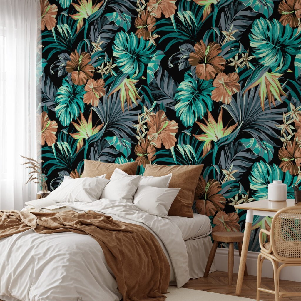 Tropical Leaves And Flowers On A Black Background Wallpaper, Exotic Green and Brown Flora Peel & Stick Wall Mural