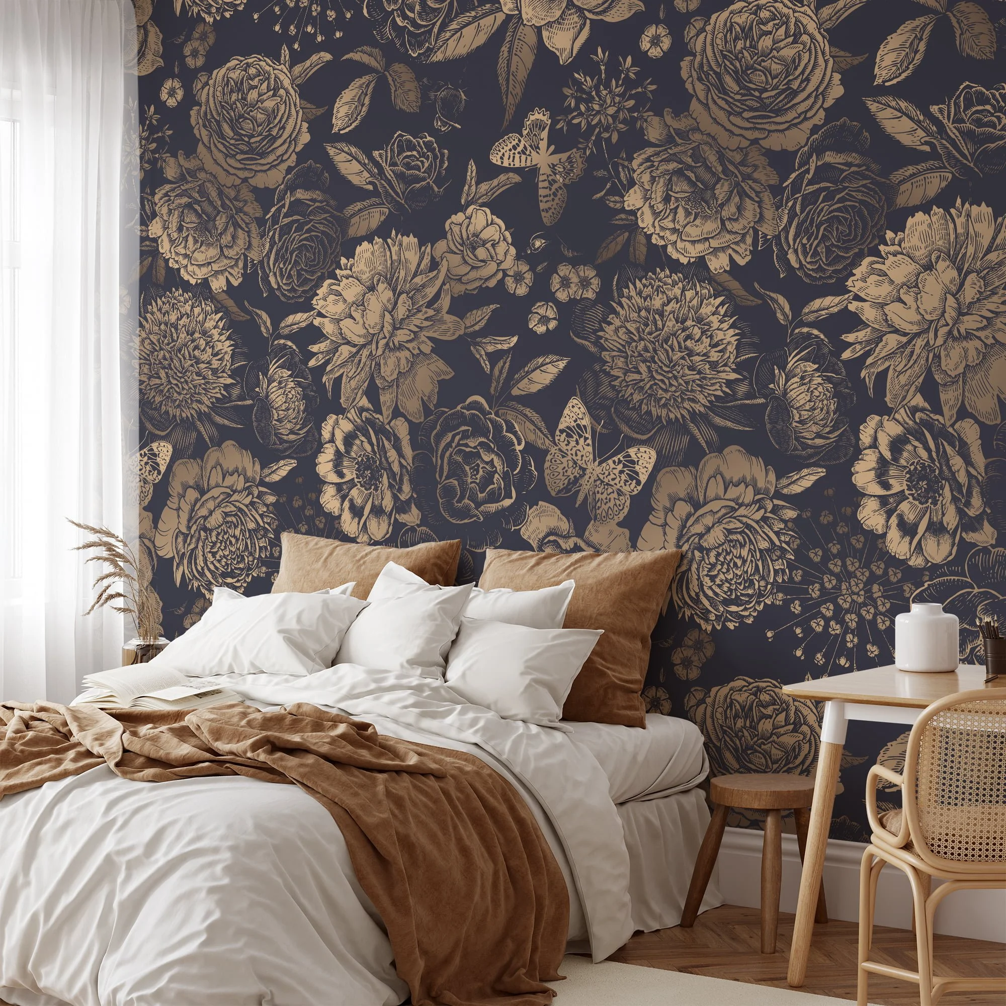 Vintage Style Large Flowers With Butterflies On A Dark Background Wallpaper, Luxurious Gold Floral Peel & Stick Wall Mural