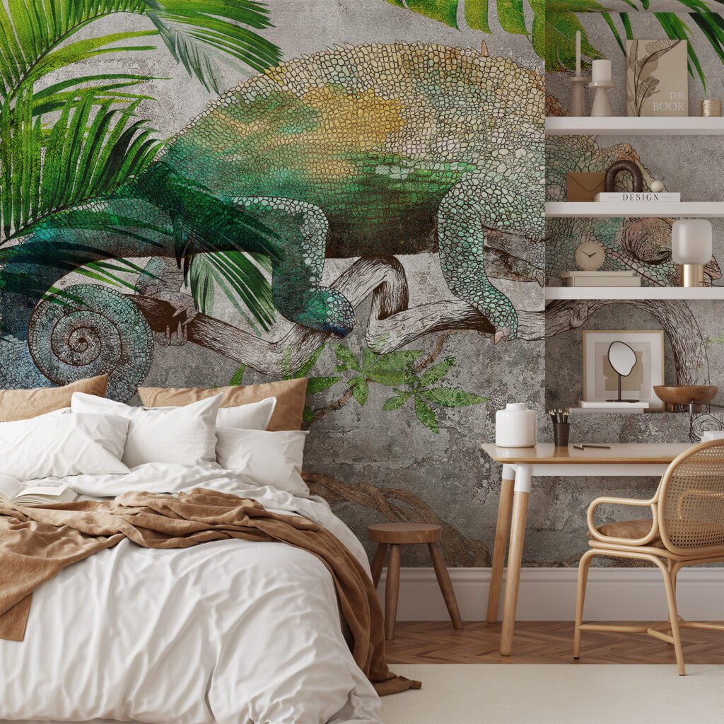 Chameleon On A Stone Foliage Illustration Wallpaper, Nature-Inspired Decor Peel & Stick Wall Mural