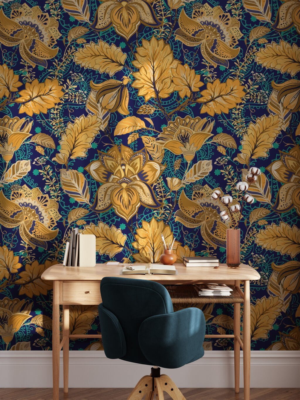 Yellow Floral Paisley Pattern Wallpaper, Luxurious Gold Floral Art Deco Peel & Stick Wall Mural