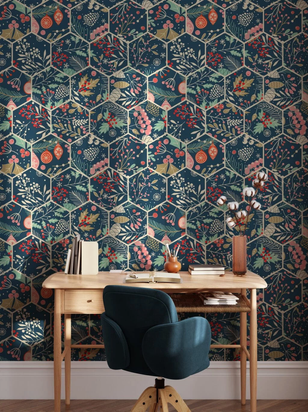 Holiday Leaves Hexagon Pattern Illustration Wallpaper, Geometric Botanical Mosaic Peel & Stick Wall Mural