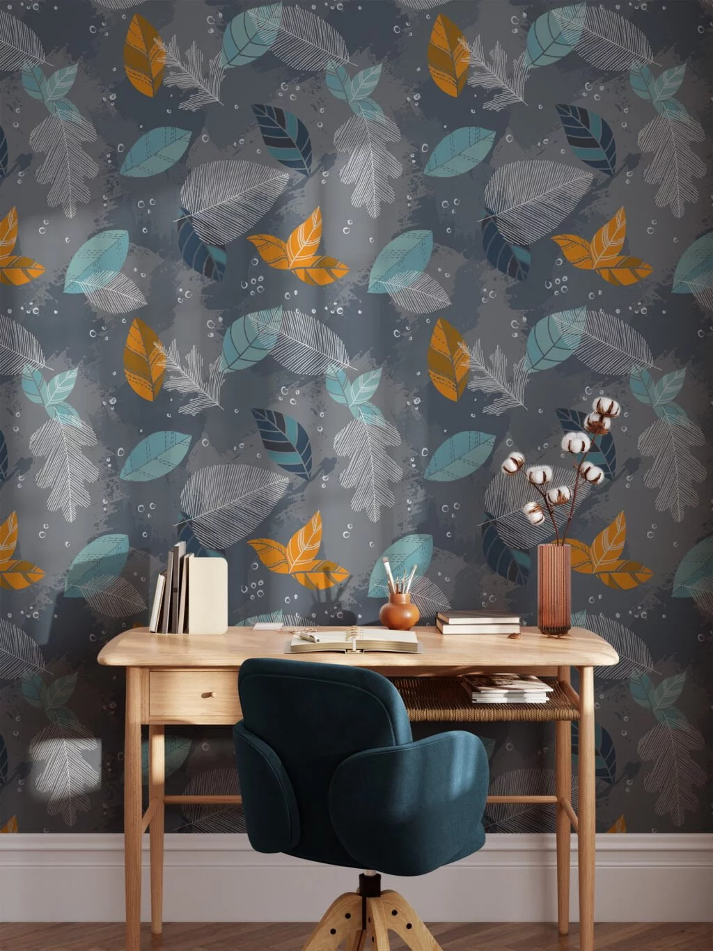 Abstract Blue And Orange Leaves Illustration Wallpaper, Whimsical Cool Autumn Peel & Stick Wall Mural