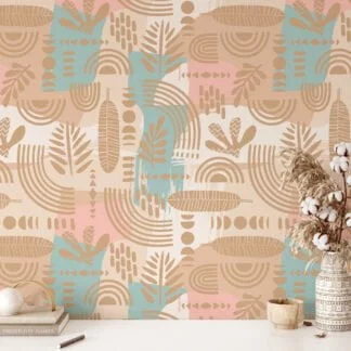 Pastel Boho Illustration Wallpaper, Soft Hued Decor Peel & Stick Wall Mural