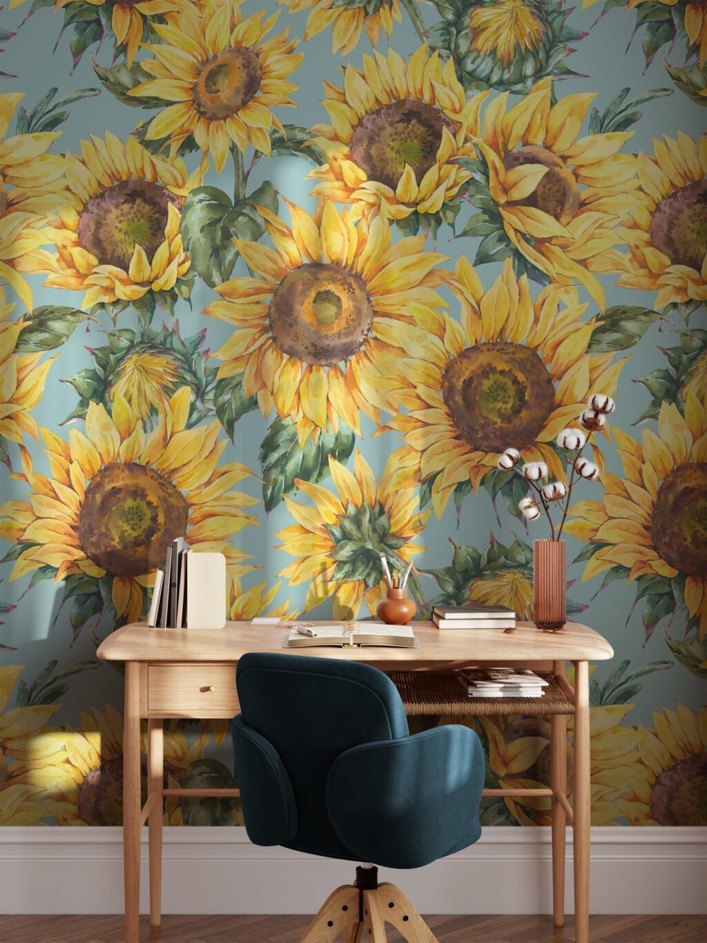 Watercolor Style Sunflowers Floral Illustration Wallpaper, Sunny Flower Peel & Stick Wall Mural