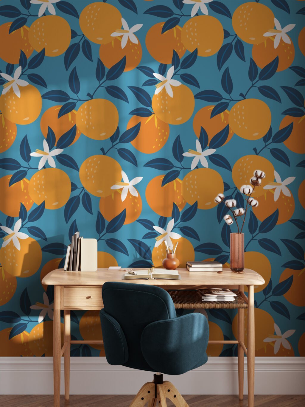 Retro Flat Art Oranges Abstract Design Wallpaper, Refreshing Citrus on Blue Peel & Stick Wall Mural